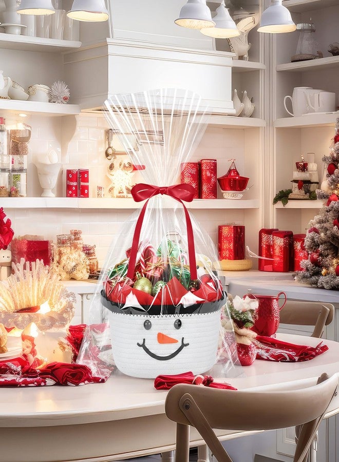 زوبيل سلة زوبيل المنسوجة لعيد الميلاد مع حقيبة هدايا وشريط وورق مناديل أحمر مزين برمز رجل الثلج، سلة تخزين منسوجة فارغة، سلة زينة للعطلات لهدايا عيد الميلاد، 12 × 8 × 5 بوصة - Image 4